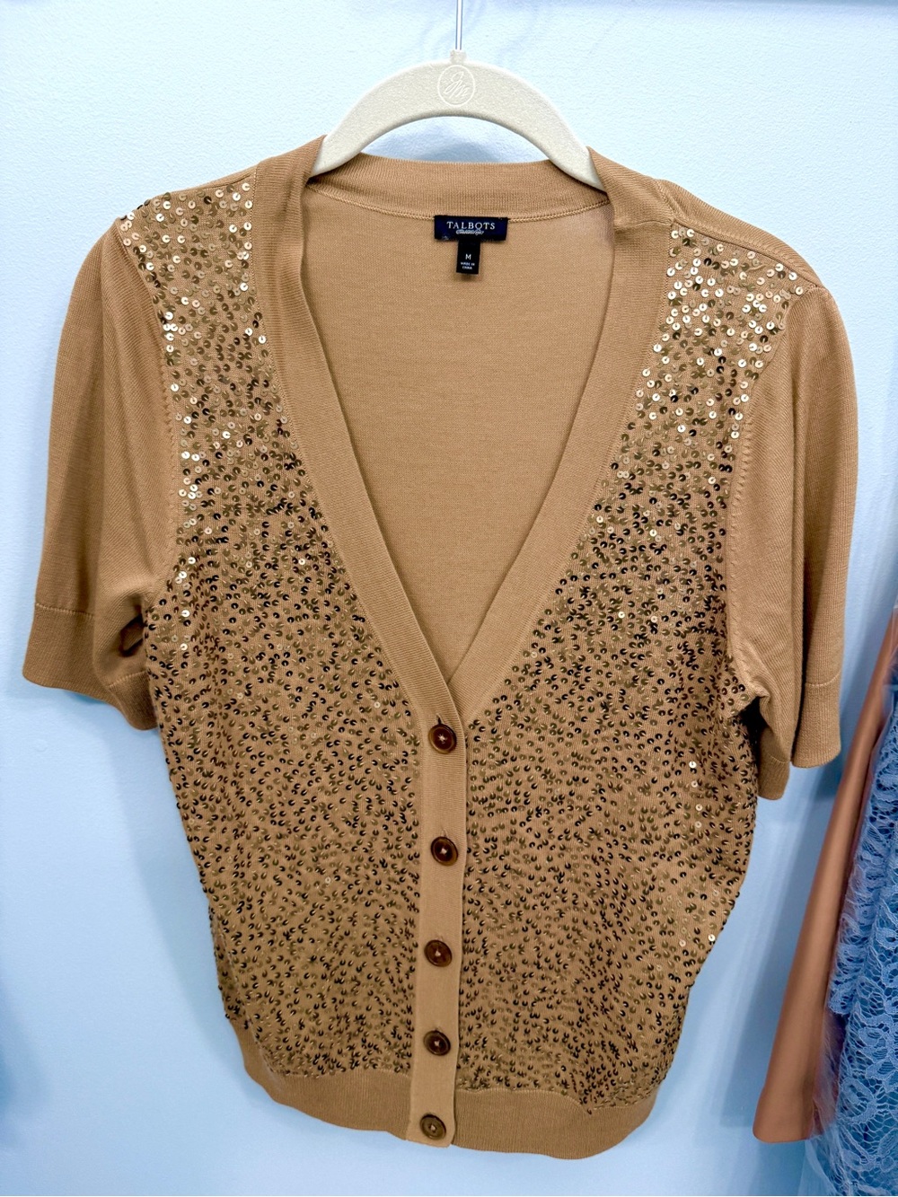 Talbots Sequin-Embellished Short Sleeve Cardigan - Camel
